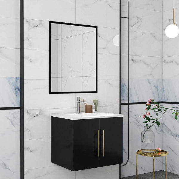 English Elm 24-Inch Modern Wall-Mounted Bathroom Vanity With Sink & Mirror, Soft Close Doors & Gold Accents W3151S00035