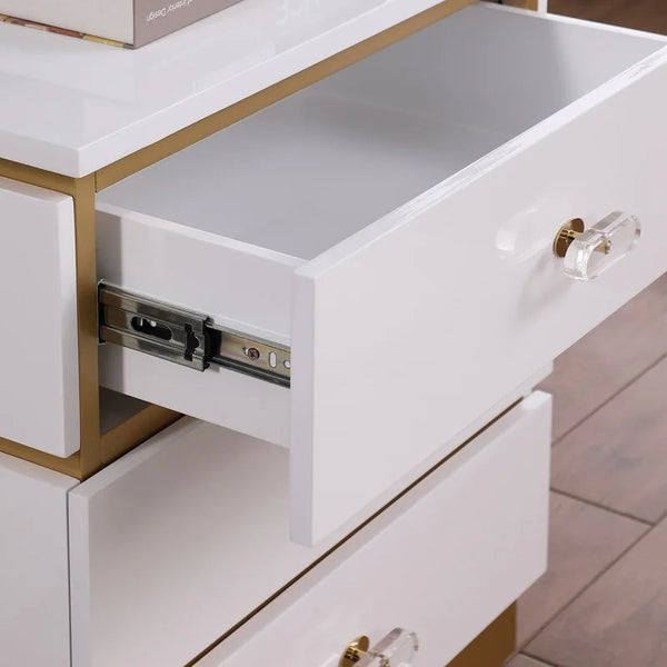 English Elm Living Room End Table Modern White Lacquer with 3 Removable-Handle Drawers & Brushed Gold Base B011P356300