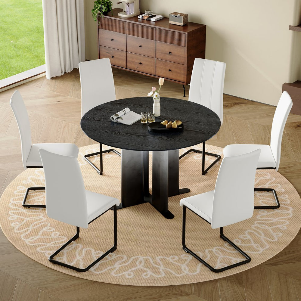 English Elm Modern Round Pedestal Dining Set Seats Six with Gradient Base and Pu Upholstered Chairs W3875S00075
