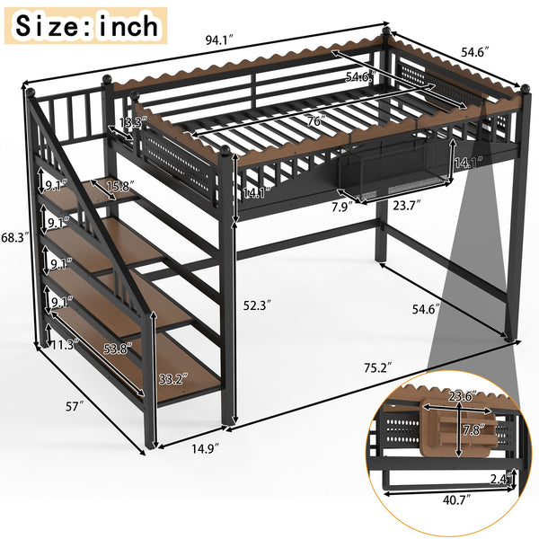 English Elm Full Size Metal Loft Bed with Stair Storage Shelves Bookshelf for Dorms Bedroom W1580S00378