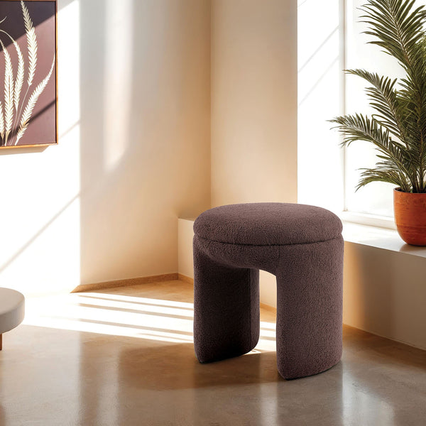 English Elm Brown Teddy Shearling Round Top Accent Stool 18" x19.5" Cozy Modern Ottoman Bench for Living Rooms B2741P388363