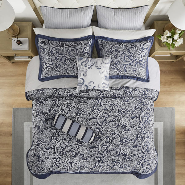 English Elm 12 Piece Aubrey Comforter Set Queen with Cotton Sheets Jacquard Paisley Blue Silver Sheen Elegance Navy 24.02 L x 18.9 W x 15.35 H B03597014