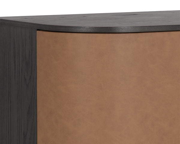 Sunpan Dresden Bar Cabinet - Mid-Century Elegance with Smoke Grey Oak, Faux Leather Doors & Wine Storage