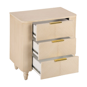 English Elm Mid-century Fluted 3 Drawer Nightstand with Gourd Legs and Gold Tone Handles for Bedroom Champagne N761P285712E