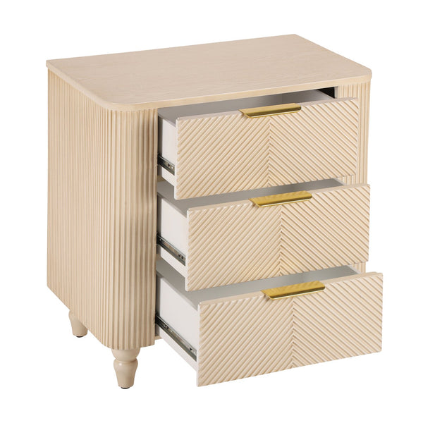 English Elm Mid-century Fluted 3 Drawer Nightstand with Gourd Legs and Gold Tone Handles for Bedroom Champagne N761P285712E