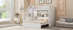 English Elm Twin Over Full Bunk Bed with Wardrobe Storage Stairs Shelves and Usb Charging White LT000292AAK