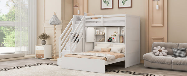 English Elm Twin Over Full Bunk Bed with Wardrobe Storage Stairs Shelves and Usb Charging White LT000292AAK