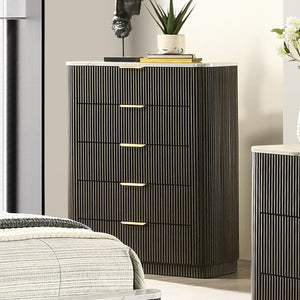 English Elm Contemporary Chest with English Dovetail Drawers, Metal Center Glides, Black Handles, Durable Engineered Wood Finish Dark Walnut 39 L x 21 W x 51 H B2741P396697