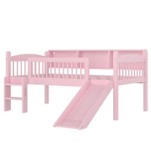 English Elm Twin Low Loft Bed Solid Pine Frame with Built-in Led Lighting and Storage Shelves Pink W1580P395929