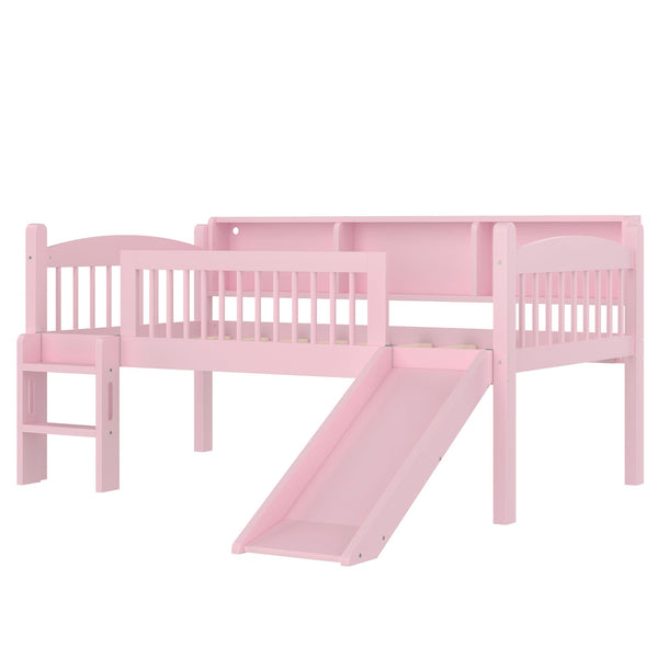 English Elm Twin Low Loft Bed Solid Pine Frame with Built-in Led Lighting and Storage Shelves Pink W1580P395929