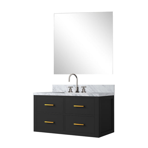 English Elm Black Single Sink Vanity Set With Carrara Marble Top, 34" Mirror & Chrome Faucet - Stylish Upgrade! B2731S01987