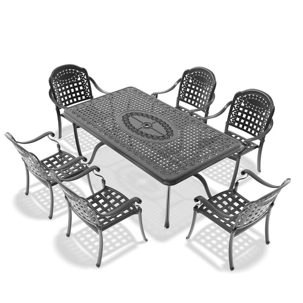 English Elm 7-piece Cast Aluminum Outdoor Dining Set with Carved Petal Motifs and Weather Cushions W1710S00591