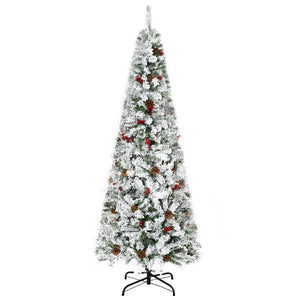 English Elm Homcom 6' Slim Snow Flocked Christmas Tree With 600 Realistic Pine Branches, Pine Cones & Berries W2225P229522