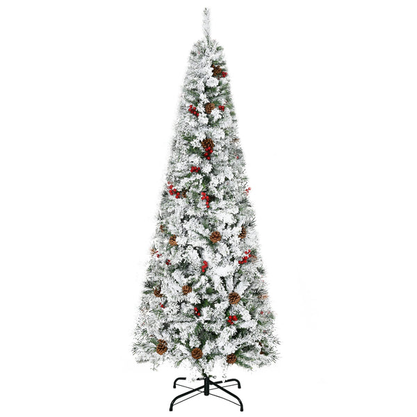 English Elm Homcom 6' Slim Snow Flocked Christmas Tree With 600 Realistic Pine Branches, Pine Cones & Berries W2225P229522
