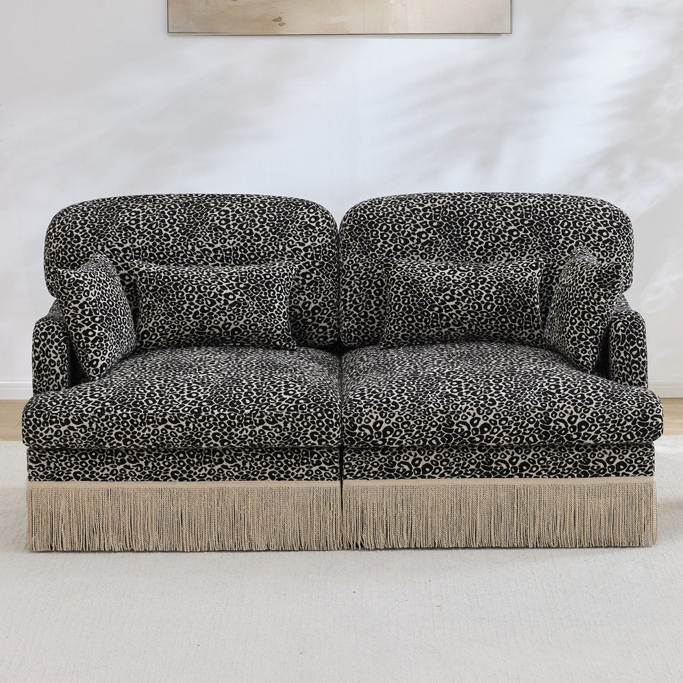English Elm Comfy Chenille Leopard Print Loveseat with Tassel Trim Modular Sectional for Living Room Khaki W5656S00019