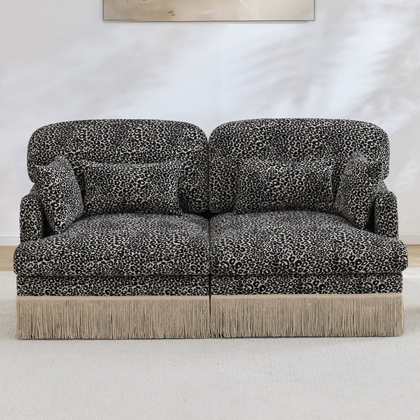 English Elm Comfy Chenille Leopard Print Loveseat with Tassel Trim Modular Sectional for Living Room Khaki W5656S00019