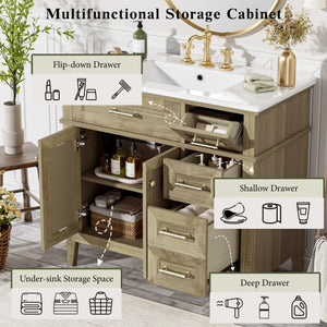 English Elm 36" Light Oak Bathroom Vanity with Ceramic Sink, Rattan Accents, Soft-Close Doors & Spacious Drawers N729P208125O