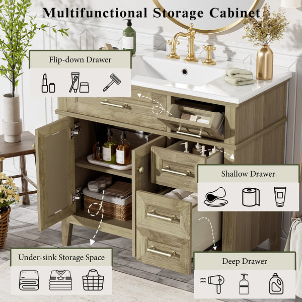 English Elm 36" Light Oak Bathroom Vanity with Ceramic Sink, Rattan Accents, Soft-Close Doors & Spacious Drawers N729P208125O
