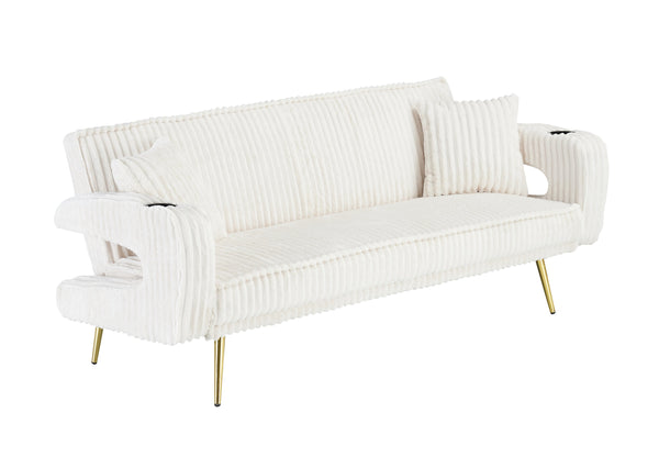 English Elm 74.01 Corduroy Convertible Sofa Bed with 3-Level Recline, Cup Holders, Solid Wood Frame, 500lb Capacity White W1658P252026