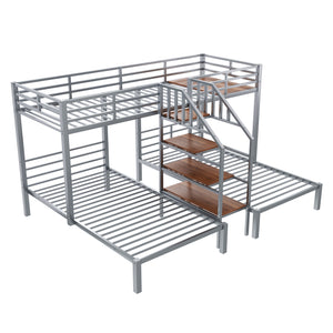 English Elm Metal Triple Bunk Bed Space-Saving Twin over Twin & Twin Design with Staircase Storage Shelves, Durable Metal Frame Silver GX001115AAN