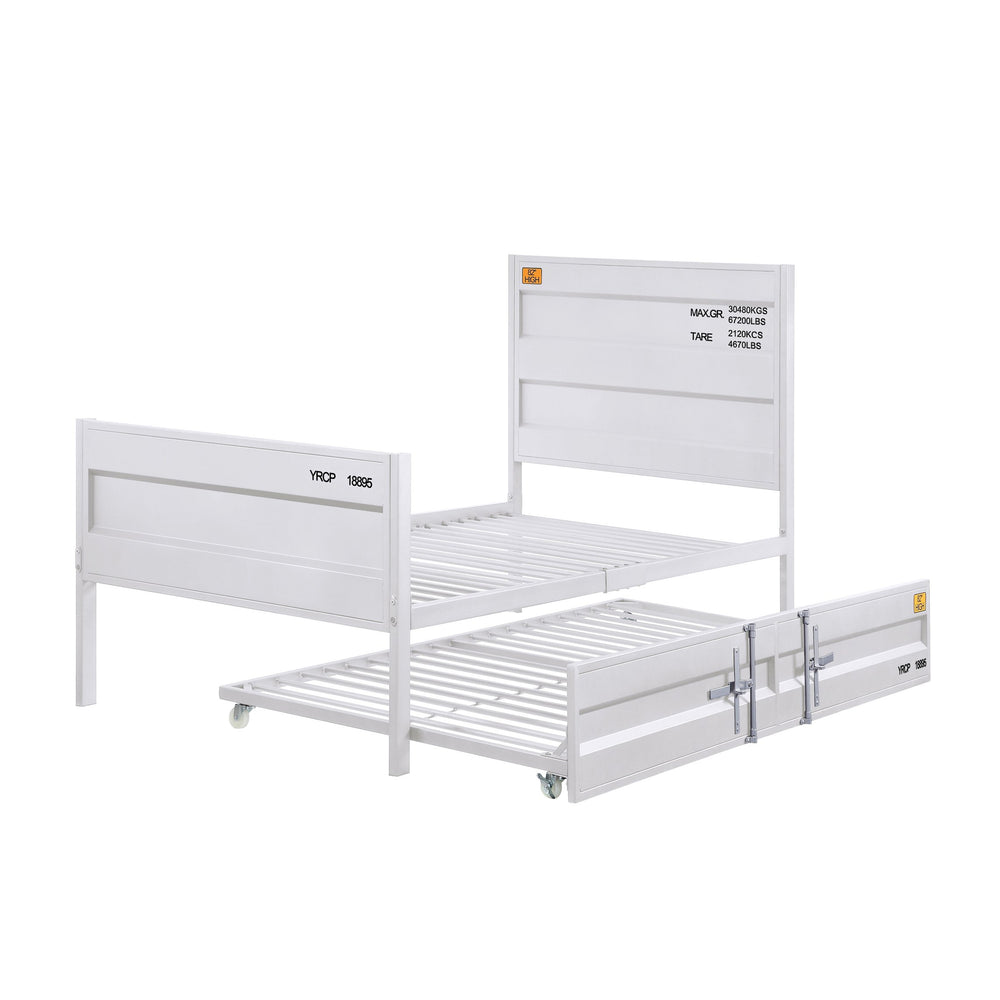 English Elm White Twin Platform Bed with Industrial Metal Frame, Panel Headboard, Low-Profile Footboard & Cargo Lock Accents B062P186408