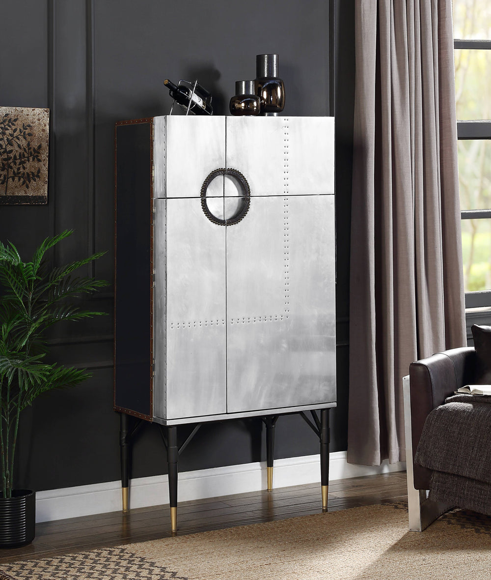 English Elm Yoela Leather Trim Wine Cabinet with Nailhead Detail and Four Door Bar Storage B2726P457655