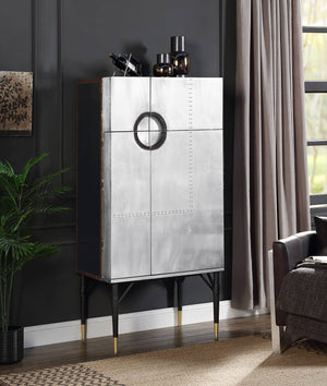 English Elm Yoela Leather Trim Wine Cabinet with Nailhead Detail and Four Door Bar Storage B2726P457655