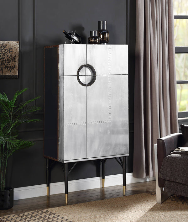 English Elm Yoela Leather Trim Wine Cabinet with Nailhead Detail and Four Door Bar Storage B2726P457655