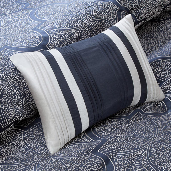 English Elm 8 Piece Jacquard Comforter Set - Elegant Navy Cal King With Metallic Shimmer And Decorative Pillows B03596805