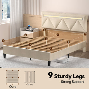 English Elm Full Bed Frame With Headboard - Upholstered Platform Bed With Charging Station & Led Lights, Easy Setup T3825P365232