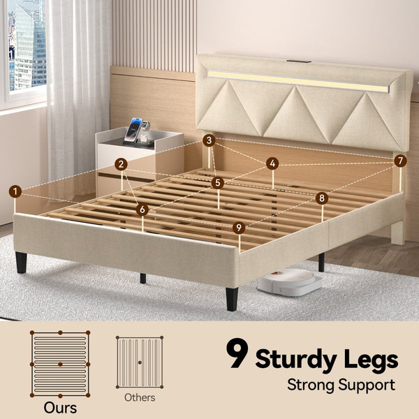 English Elm Queen Bed Frame With Headboard - Upholstered Platform Design, Led Lights, Charging Station & Easy Setup T3825P365854-GIGA