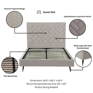English Elm Crosby Upholstered Velvet Queen Bed In Greige - Elegant Chevron Headboard & No Box Spring Needed! B365S00038