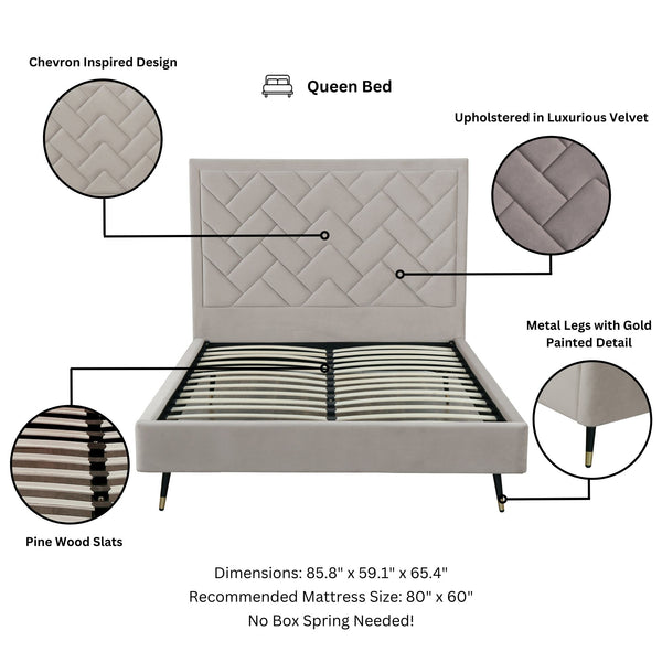 English Elm Crosby Upholstered Velvet Queen Bed In Greige - Elegant Chevron Headboard & No Box Spring Needed! B365S00038
