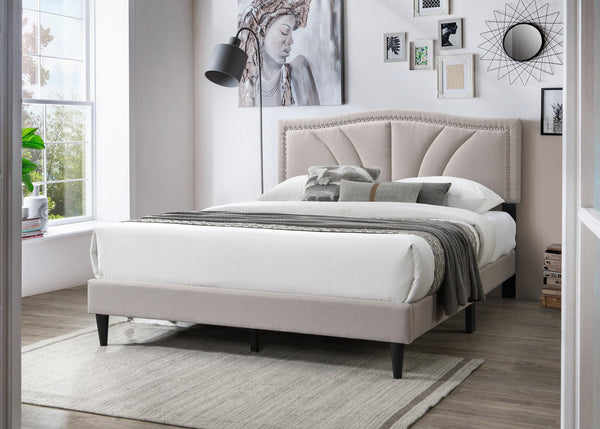 English Elm Modern Burlap Upholstered Full Platform Bed Curved Headboard with Nailhead Trim Detail B011P418593