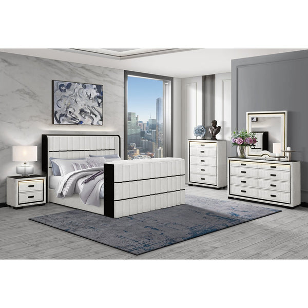 English Elm Isaiah White and Black 5PC Bedroom Set with Built‑In 50" TV Lift, LED Lights, Speakers & Fireplace King B201S00408