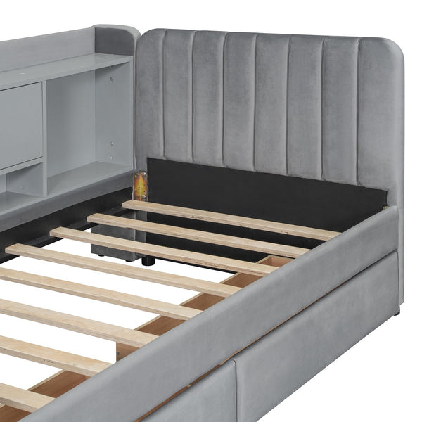 English Elm Twin Upholstered Daybed with Velvet Finish, High Back Shelves, Flip Cabinets, Drawers & Side Table Gray SF000196AAE