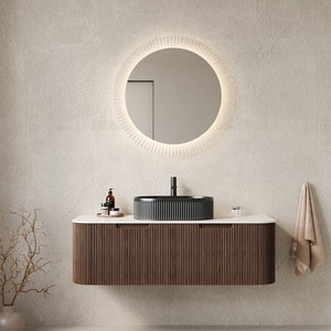 English Elm Dina Floating Bathroom Vanity with Crystal Glass Basin and Sintered Stone Top Black + Dark Walnut,Carrara White W2615S00203