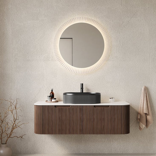 English Elm Dina Floating Bathroom Vanity with Crystal Glass Basin and Sintered Stone Top Black + Dark Walnut,Carrara White W2615S00203