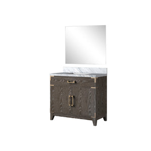 English Elm Brown Oak Single Bath Vanity With Carrara Marble Countertop & Matching 34" Mirror For Elegant Style B2731S01459