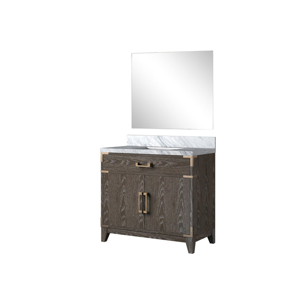 English Elm Brown Oak Single Bath Vanity With Carrara Marble Countertop & Matching 34" Mirror For Elegant Style B2731S01459