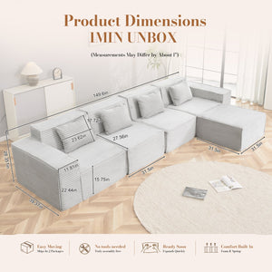 English Elm L-shaped Modular Sectional with Ottoman Corduroy Upholstery Four Seat Living Room Sofa Light Gray W2699S00093