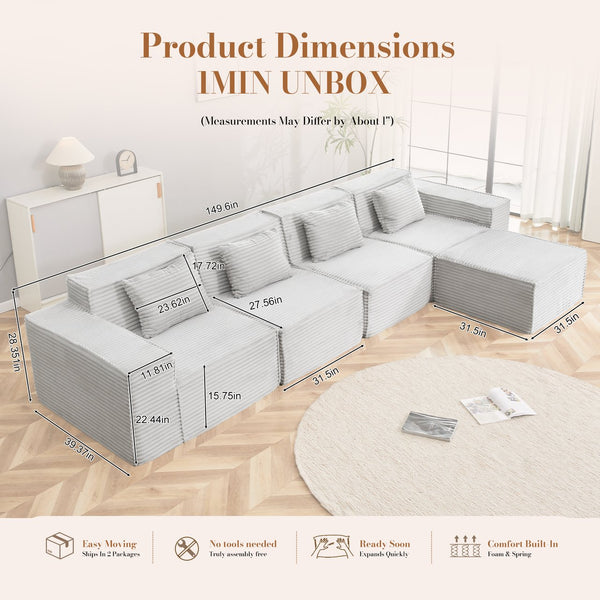 English Elm L-shaped Modular Sectional with Ottoman Corduroy Upholstery Four Seat Living Room Sofa Light Gray W2699S00093