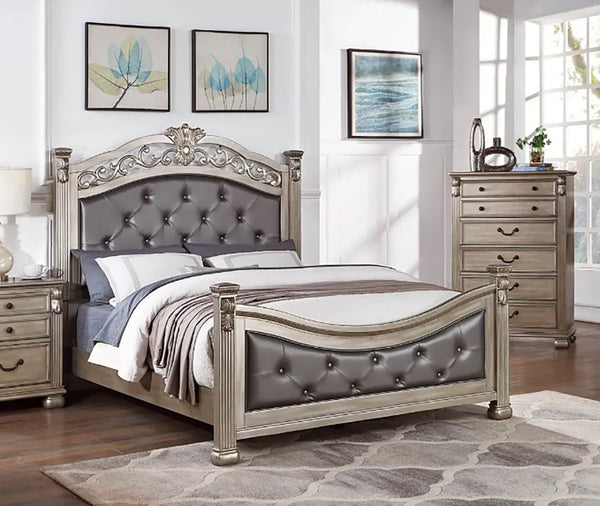 English Elm Formal California King Bedframe - Antique Silver Tufted Faux Leather Headboard & Footboard Elegance B011S00951