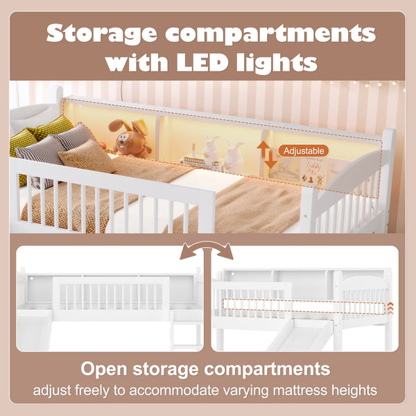 English Elm Twin Low Loft Bed Solid Pine Frame with Built-in Led Lighting and Storage Shelves Light White W1580P395928