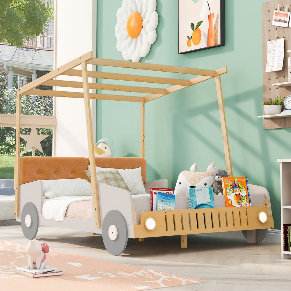 English Elm Wood Full Size Car Bed with LED Night Lights, Pine Frame, Imaginative Canopy & Cozy Pillow (Natural) WF309289AAM