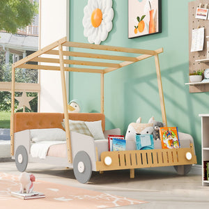 English Elm Wood Full Size Car Bed with LED Night Lights, Pine Frame, Imaginative Canopy & Cozy Pillow (Natural) WF309289AAM