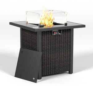 English Elm 28 28 Inch Propane Fire Pit Table with 50,000 BTU Stainless Burner, Rattan Look, Tempered Glass Top & Windscreen Brown W861P211923