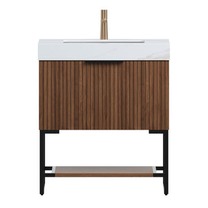 English Elm Yolan 30 Inch Freestanding Bathroom Vanity Plywood Cabinet Sintered Stone Top Oak Finish W2615S00652