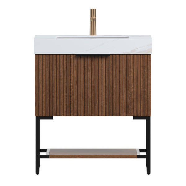 English Elm Yolan 30 Inch Freestanding Bathroom Vanity Plywood Cabinet Sintered Stone Top Oak Finish W2615S00652