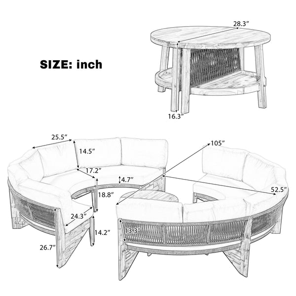 English Elm U_style Circular Patio Sofa Set Pp Rope Woven Steel Frame Acacia Wood Resort Lounge Beige WY000468AAA
